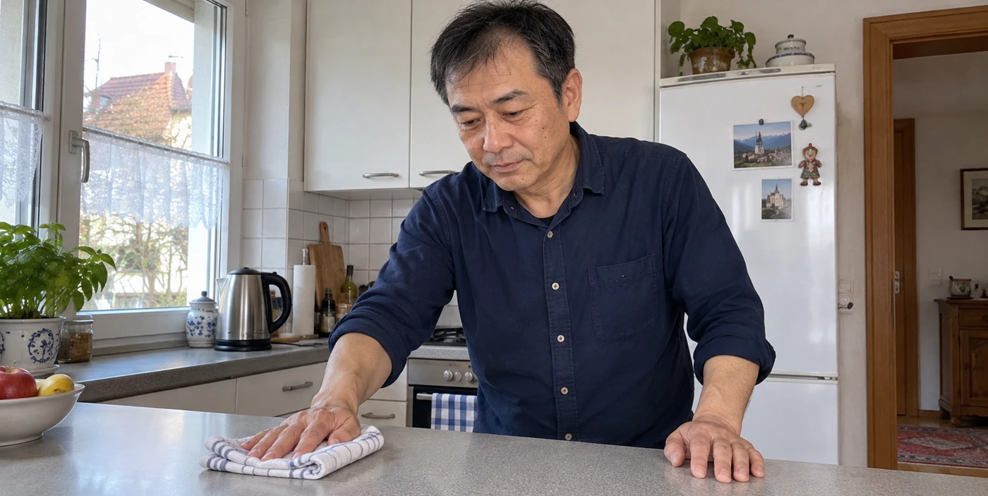 Hiroshi Tanaka wischt eine Küchenarbeitsfläche ab.