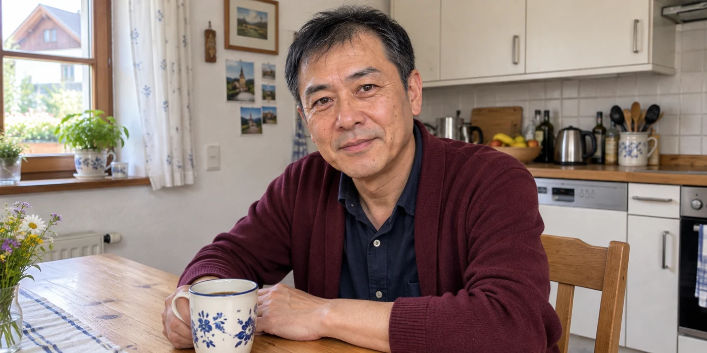 Hiroshi Tanaka sitzt mit einer Tasse am Küchentisch.
